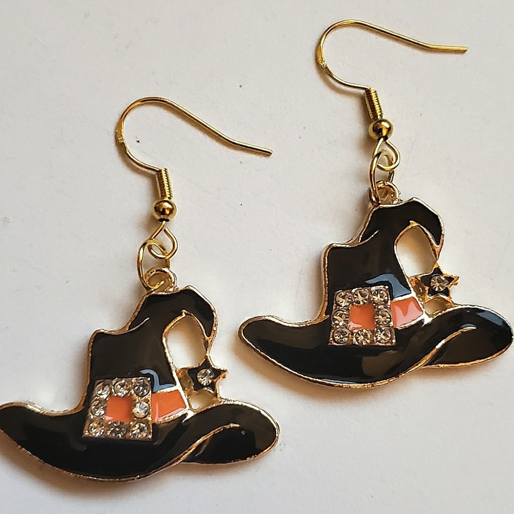 Handmade Orange Black Rhinestone Halloween Witch Hat Earrings
